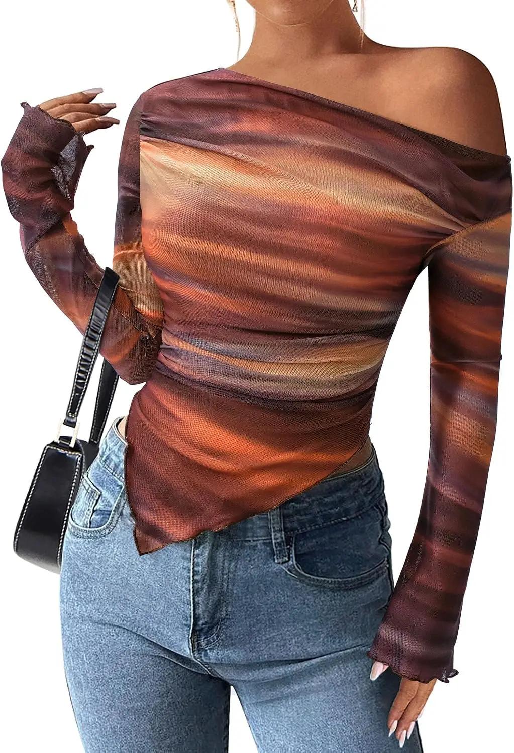 PRETTYGARDEN Womens Fall Trendy Off Shoulder Y2k Tops 2026 Tie Dye Mesh Long Sleeve Shirts Asymmetrical Ruched Floral Blouse OEKO-TEX STANDARD 100