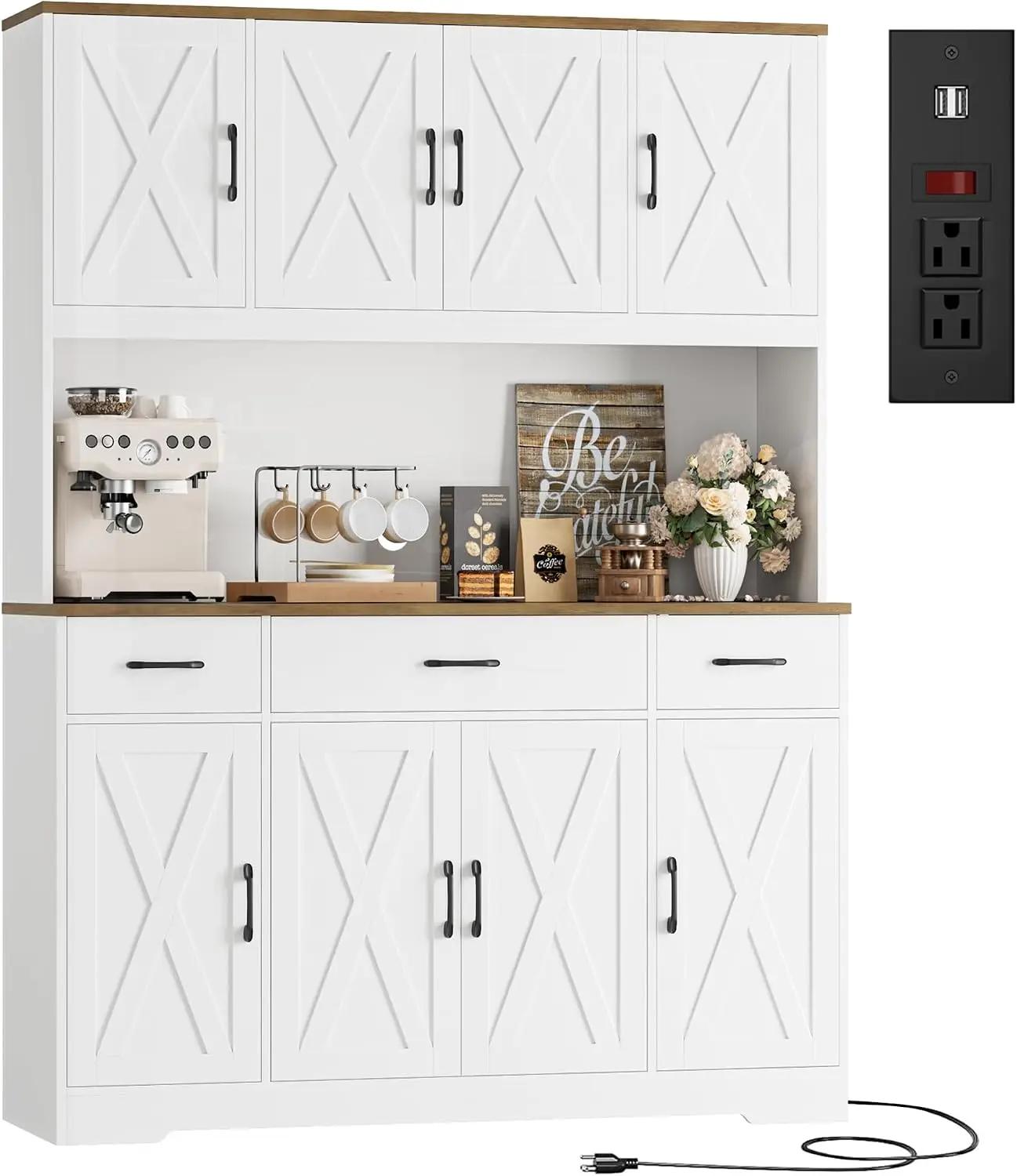 HOSTACK 71" Large Pantry Cabinet with Charging Station, 55" Wide Kitchen Pantry Storage with Drawers and Power Outlet, Tall Kitchen Hutch with Countertop for Kitchen, White