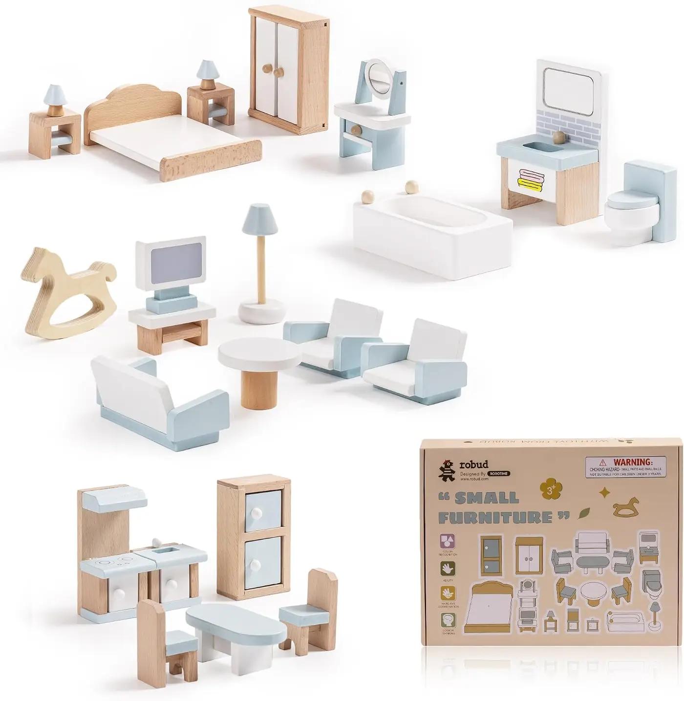 ROBUD Wooden Dollhouse Furniture Set, 23 Pcs Dollhouse Accessories, Miniature Furniture Including 5 Room Kits, Dollhouse Furniture Pretend Play Toys for Boys, Girls &amp; Toddlers, 3+