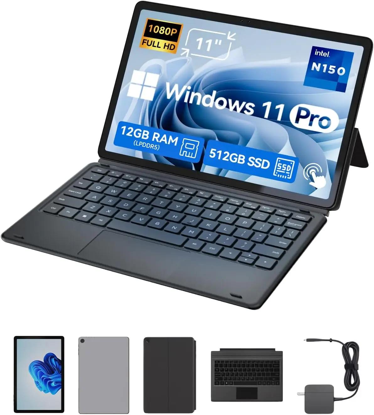11 inch 2-in-1 Laptops, Win 11 Touchscreen PC Compatible with Twin Lake N150, 12GB RAM 512GB SSD, 1920x1200 IPS FHD Tablet USB-C/HDMI WiFi 6 with Magnetic Keyboard and Kickstand
