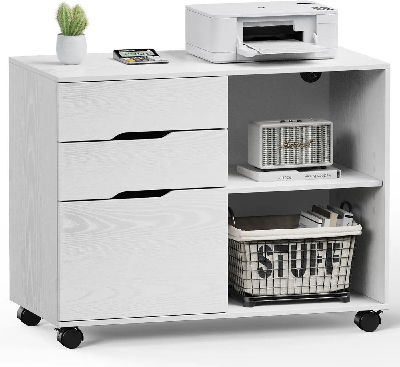 DUMOS Lateral File Cabinet with 3 Drawers Rolling Filing Cabinets Under Desk Storage Printer Stand Wood Organizer with Wheels Adjustable Shelf for Office Home Small Space, White