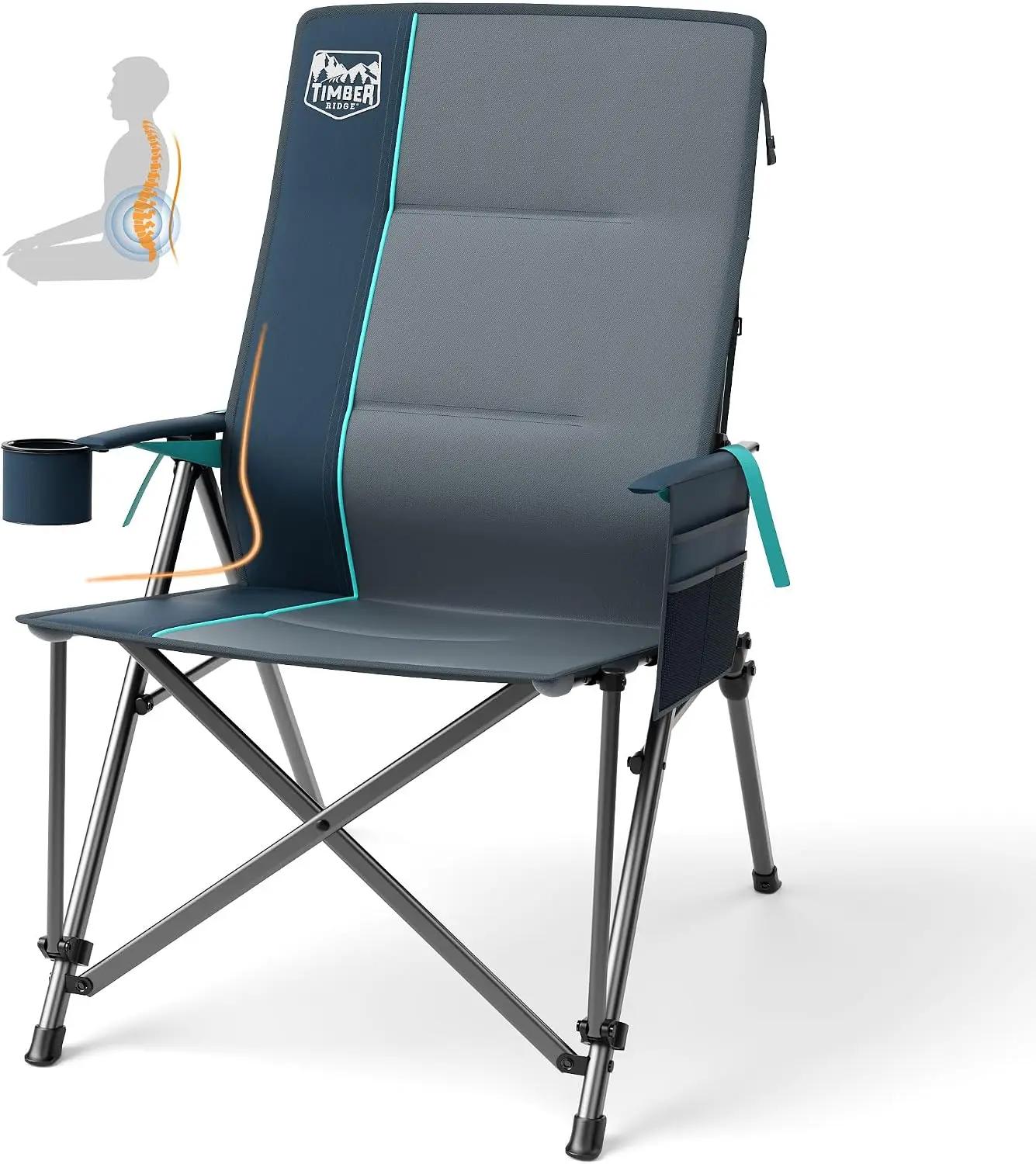 TIMBER RIDGE Oversized Camping Chair with Lumbar Support, Portable Folding Chair Heavy Duty for Adults Supports 450 LBS for Outdoor Camping Lawn, with High Back, Cup Holder, Side Pocket, Blue Global Recycled Standard