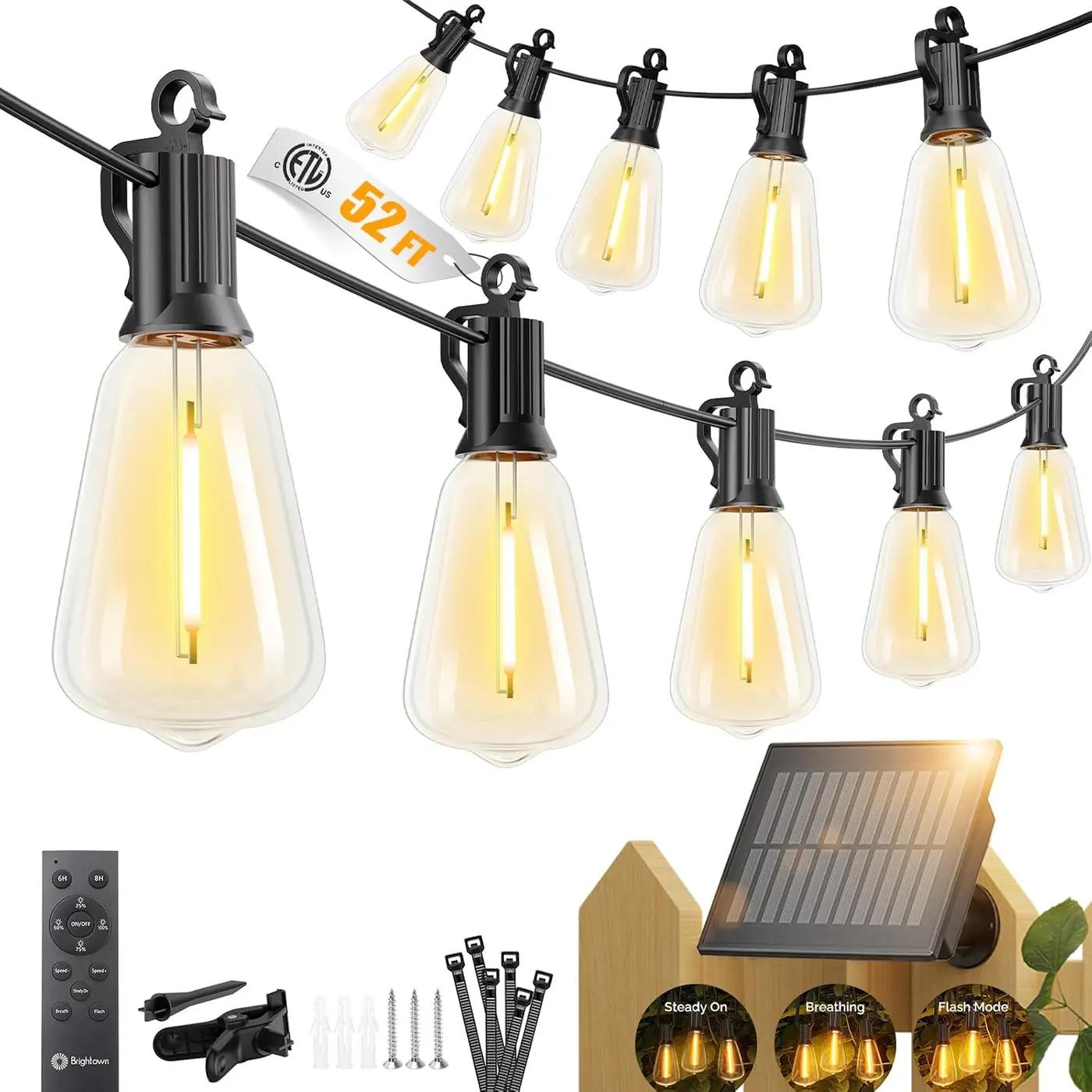 Brightown 52FT Solar String Lights Outdoor Waterproof, Patio Lights with Remote and 15+1 LED Shatterproof Bulbs, Dimmable &amp; Timable, 3 Light Modes, Solar Lights Outdoor for Yard Garden Camping Party