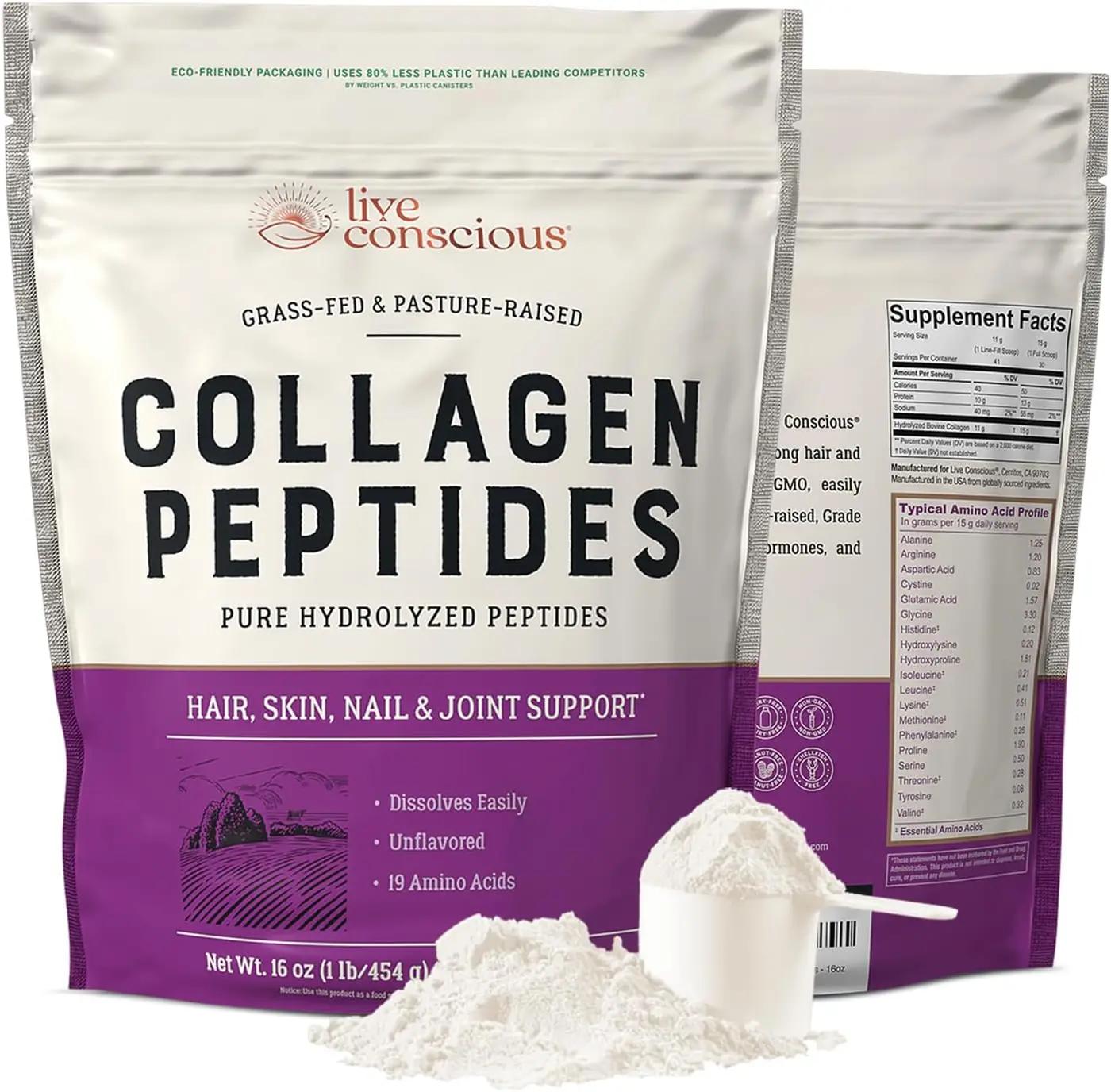 Live Conscious Collagen Peptides Powder - Naturally-Sourced Hydrolyzed Collagen Powder - Hair, Skin, Nail, and Joint Support - Type I &amp; III Grass-Fed Collagen Supplements for Women and Men - 16oz
