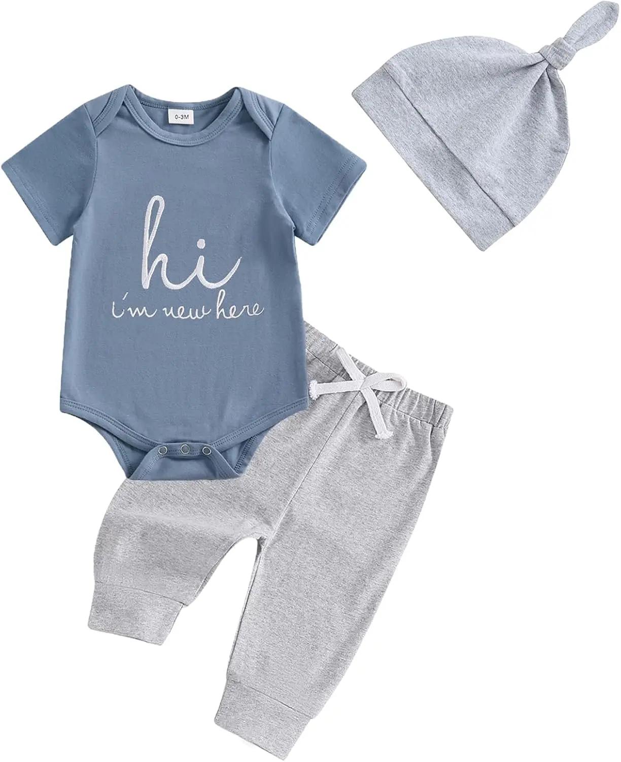 Newborn Baby Boy Clothes Hi I'm New Here Coming Home Outfit Letter Print Romper Pant Fall Winter Baby Boy's Clothing