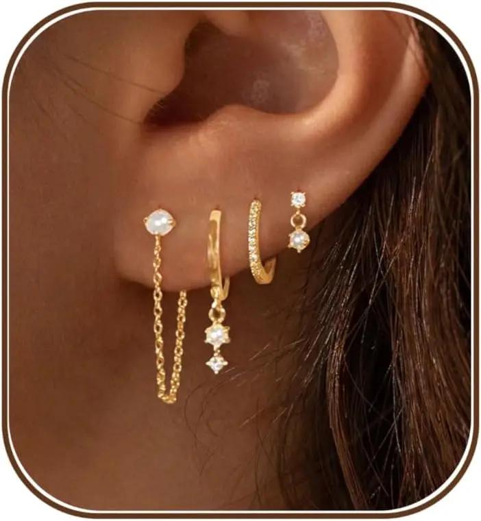 Ewrkbrㅤ Gold Earrings for Women, 14k Gold Plated Dangle Huggie Earrings for Women Trendy Dainty Gold Hoop Earring Stacks Hypoallergenic Pearl Chain Drop Cartilage Earring Fashion Womens Jewelry