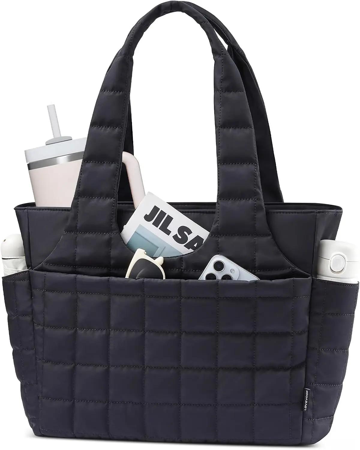 LOVEVOOK Quilted Puffer Laptop Tote for Women – 15.6" Lightweight Work Handbag, 1.43 lbs, Machine Washable, 12 Pockets, Large Travel Shoulder Bag for Teacher Nurse Weekender