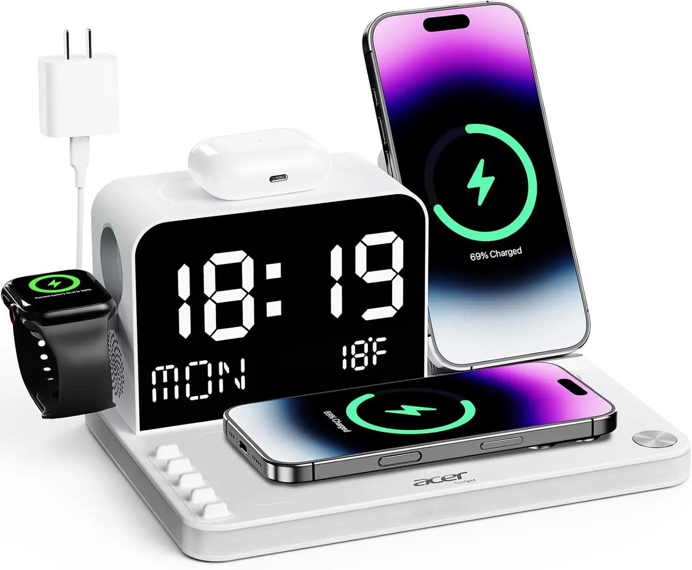 Acer 7-in-1 Wireless Charging Station with LED Clock - 30W Fast Wireless Charger for iPhone 16/15/14/13/12/Pro Max, Apple Watch, AirPods - Bluetooth Auto Time Sync &amp; Night Lights (White) Global Recycled Standard