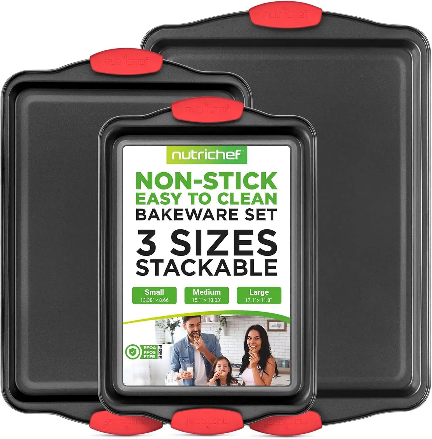 NutriChef 3-Piece Nonstick Kitchen Oven Baking Pans - Premium &amp; Stylish Non-Stick Steel, Commercial Grade Restaurant Quality Metal Bakeware with Red Silicone Handles - Easy to Clean, NCSBS3S