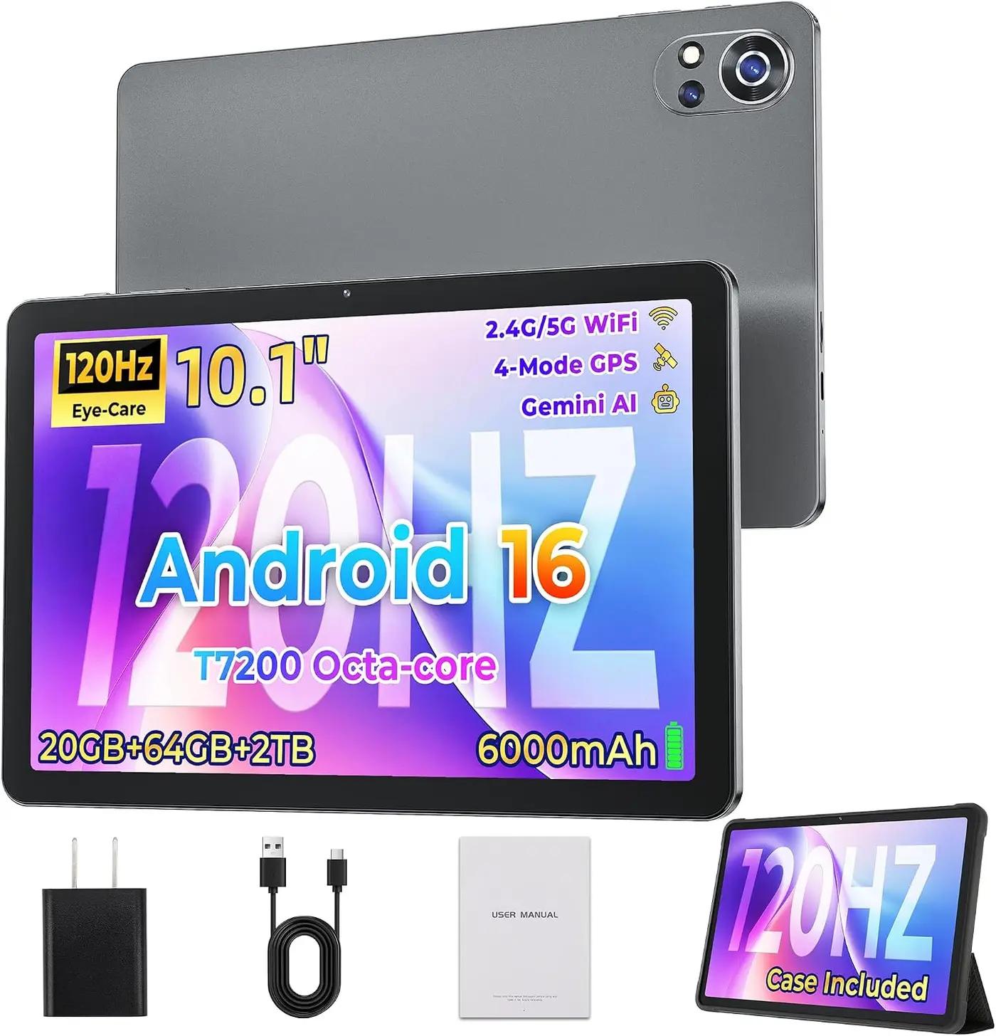 Android 16 Tablet,10 Inch IPS 120Hz Smooth Display,20GB+64GB+2TB Expandable, Octa-Core CPU,6000mAh Battery, Dual-Band WiFi, GPS,Face ID,Kids Tablets with Parent Control,Computer Tablet with Case,Grey