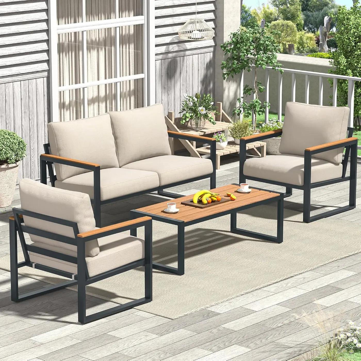 Patio Furniture Set, 4 Pieces Outdoor Patio Furniture with Coffee Table Set, Metal Patio Conversation Sets with Washable and High-Resiliency Sponge Cushions, Upgarded Beige Global Recycled Standard