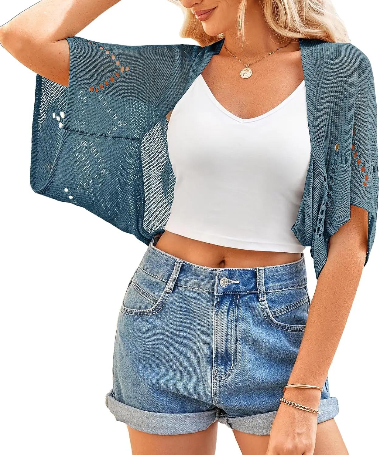 BB&amp;KK Women's Summer Crochet Cardigans Hollow-Out Batwing Short Sleeve Lightweight Open Front Shrug Bolero Sweaters