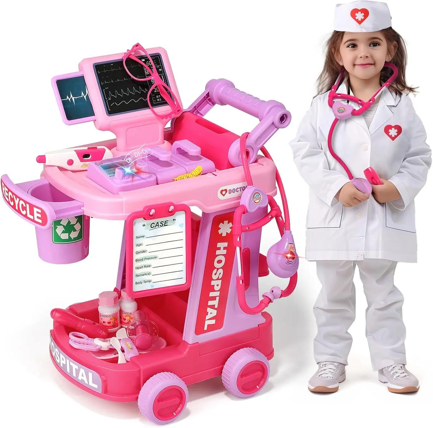 Liberry Doctor Kit for Toddlers Ages 2 3 4 5, Pretend Kids Doctor Playset with Cart, Costume and Stethoscope, Role Play Medical Toys Birthday Gift for Girls Boys (Pink) Global Recycled Standard