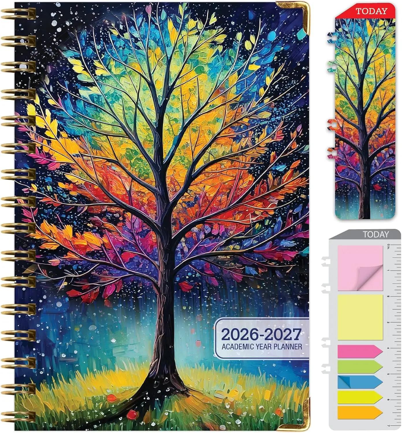 HARDCOVER Academic Year 2026-2027 Planner: 14 Months (May 2026 Through June 2027) 5.5"x 8" Daily Weekly Monthly Planner Yearly Agenda. Bookmark, Pocket Folder and Sticky Note Set (Black Tree Seasons)