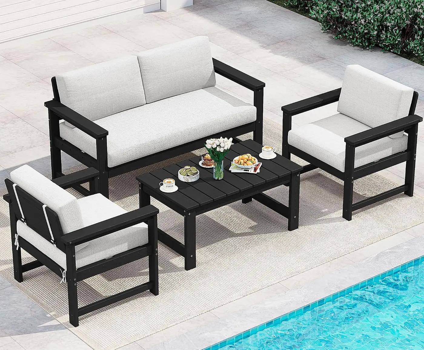 SERWALL 4-Piece Outdoor Patio Sofa Set, HDPE All-Weather Loveseat Sofa with Cushions &amp; Coffee Table, Black Frame &amp; Khaki Cushions OEKO-TEX STANDARD 100