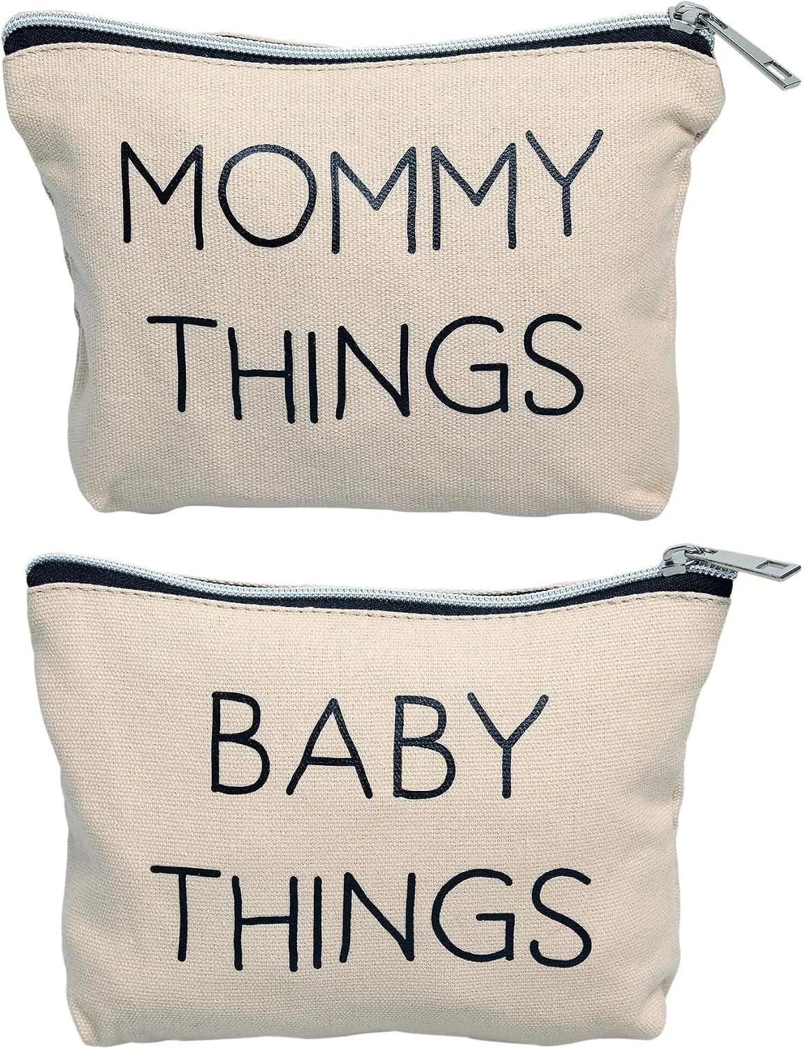 Pearhead Mommy and Baby Things Pouch Set, Canvas Zipper Organizer Bags for Diaper Bag and Travel, Cosmetic and Makeup Bag for Mom