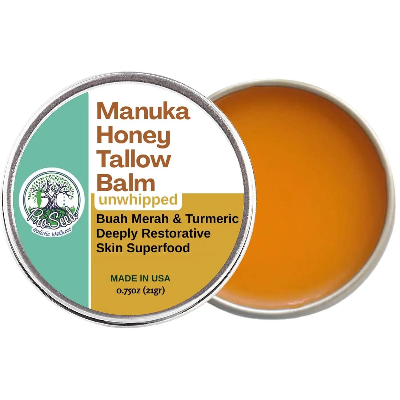 ProSeed Manuka Honey Unwhipped Tallow Balm – Handmade Grass-Fed Beef Moisturizer with Frankincense, Vitamin E, Castor, Buah Merah &amp; Turmeric – Face &amp; Body Cream for Men, Women &amp; Kids – Travel Size