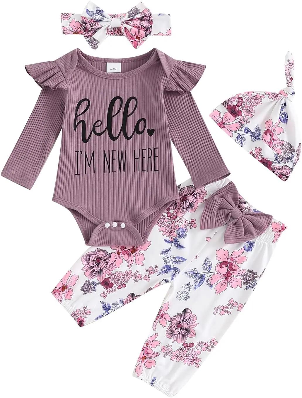 Hello World Newborn Outfit Baby Girl Going Home Outfit Ruffle Ribbed Romper Top Floral Pants Set Cute Summer Clothes