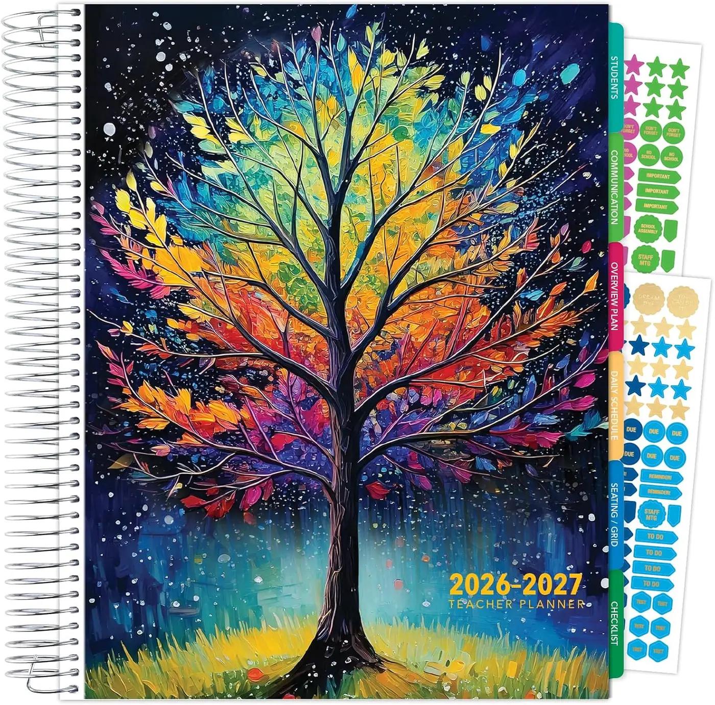 DELUXE TEACHER PLANNER Aug 2026-Jul 2027 8.5x11 Daily Weekly Monthly Organizers with 7 Periods, Pocket Folder, Dated Calendar, Page Tabs, Bookmark and Planning Stickers (Black Tree Seasons)