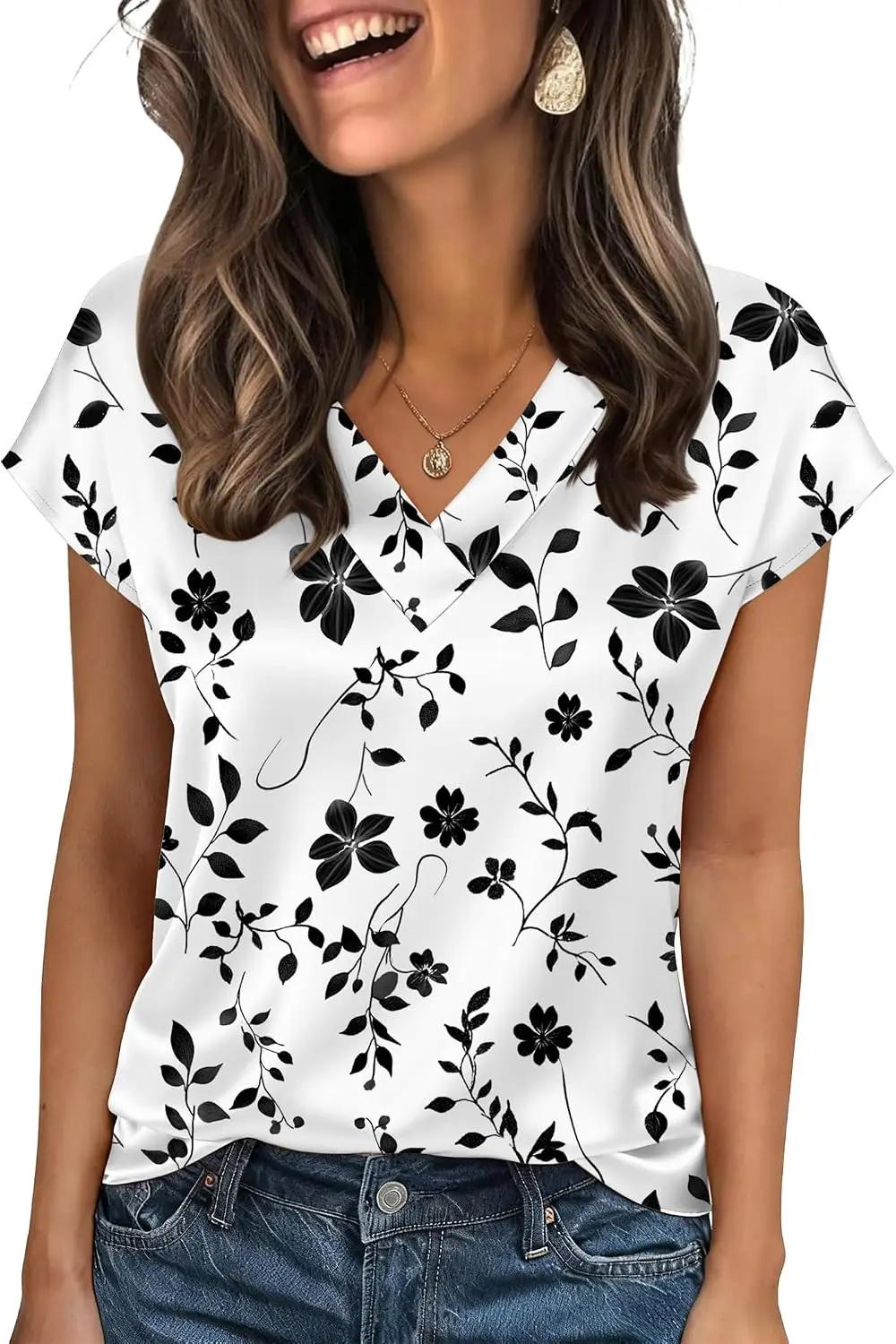 Zeagoo Women Silk Satin Tops Cap Short Sleeve Blouse V Neck Shirts Business Casual Outfits S-2XL Global Recycled Standard