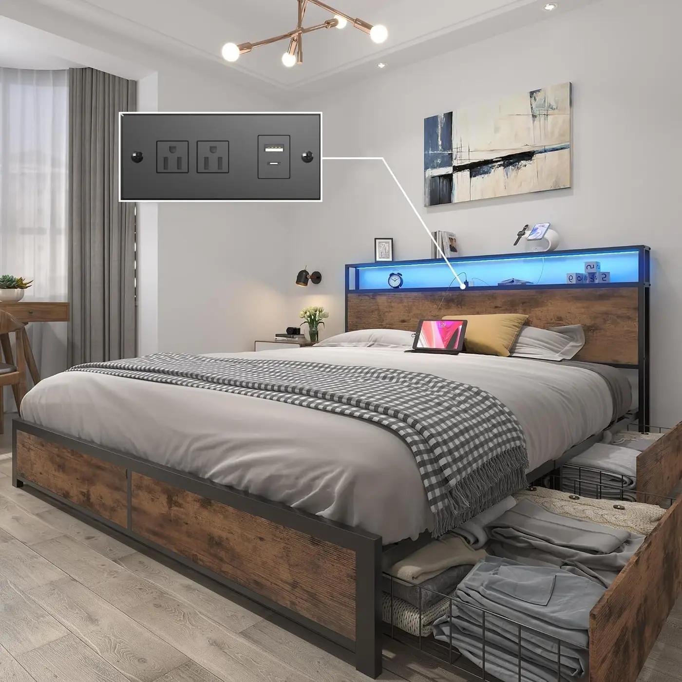 Lifezone Queen Bed Frame with 2-Tier Storage Headboard, Metal Platform Bed Frame with 4 Storage Drawers, Built in Charging Station &amp; LED, Noise-Free/Metal Support/No Box Spring Needed, Vintage Brown