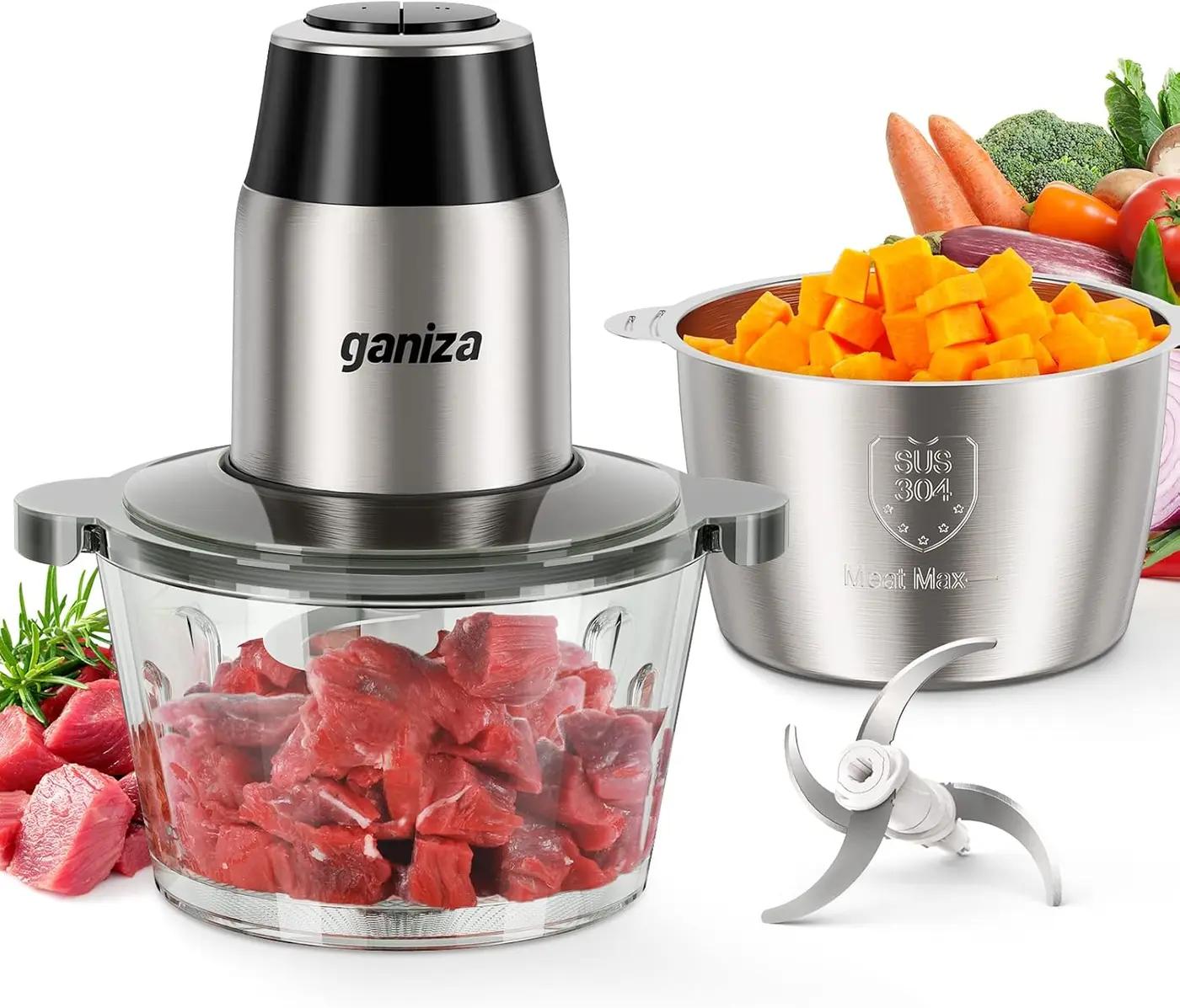 GANIZA Food Processors, Electric Food Chopper with Meat Grinder &amp; Vegetable Chopper - 2 Bowls (8 Cup+8 Cup) with Powerful 450W Copper Motor - Includes 2 Sets of Bi-Level Blades for Fruits/Meat/Nuts ClimeCo Certified