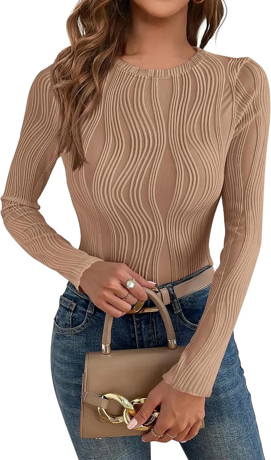 PRETTYGARDEN Women's Tops 2026 Spring Fashion Long Sleeve Crewneck Blouse Fitted Textured Basic Knit T Shirt Y2k Clothes