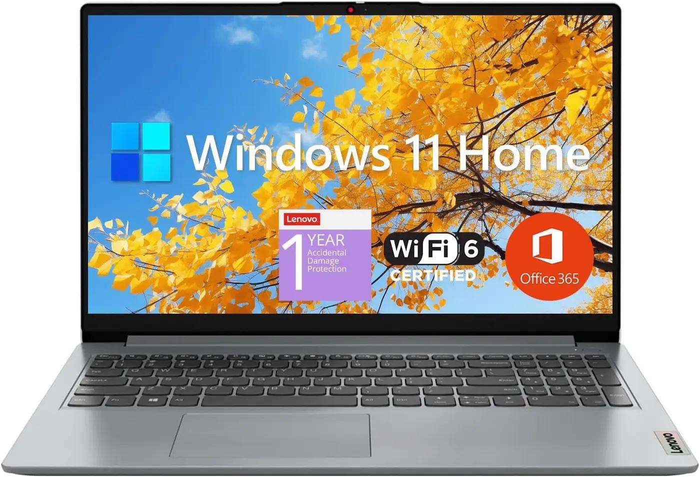 Lenovo IdeaPad 1 Student Laptop, 15.6" FHD Display, Intel Dual Core Processor, 12GB RAM, 256GB SSD + 128GB eMMC, 1 Year Office 365, Wi-Fi 6, SD Card Reader, W11H, Grey, Additional 1 Yr ADP