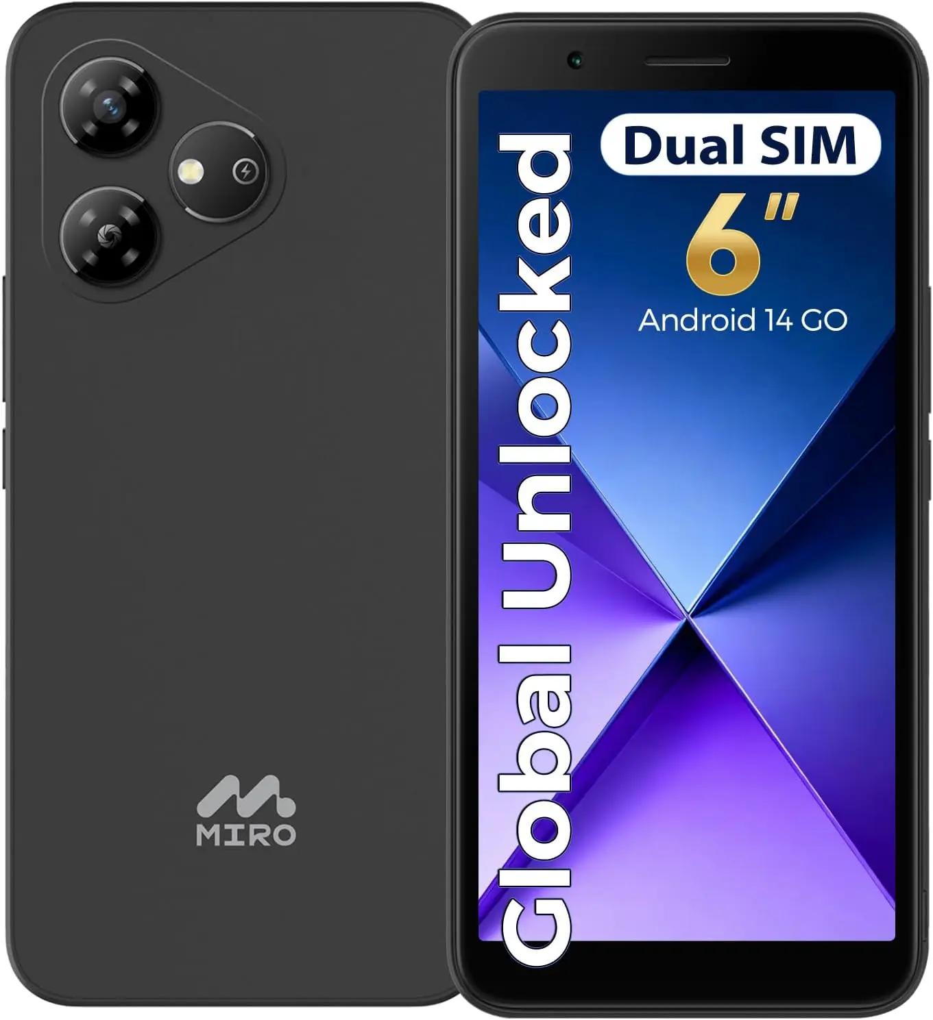 MIRO 4G Cell Phone - New Android 14 Go Edition Smartphone, 6" Display, 2GB+32GB (256GB Expandable), 3000mAh Battery, 5MP+2MP Camera, Dual SIM, 3.5mm Headphone Jack(Gray)