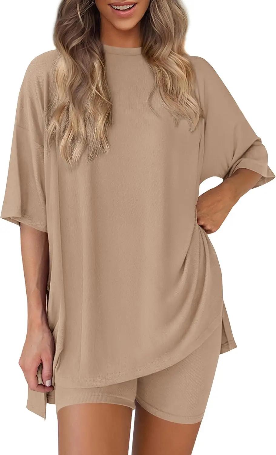 PRETTYGARDEN Women 2 Piece Lounge Set 2026 Summer Casual Oversized Shirts Biker Shorts Matching Airport Travel Outfit Clothes OEKO-TEX STANDARD 100