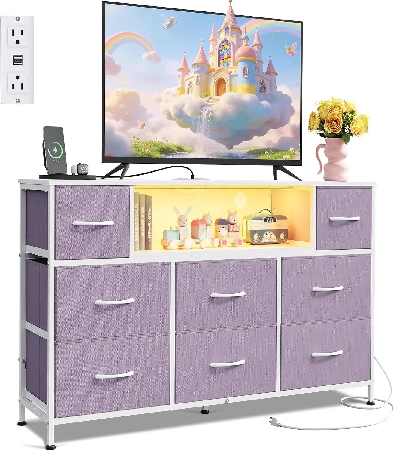 WLIVE Purple Dresser TV Stand for 45, 50, 55 inch TV, Entertainment Center with LED Lights &amp; Charging Station, Chest of Drawers with 8 Fabric Drawers and Open Shelves for Living Room, Hallway