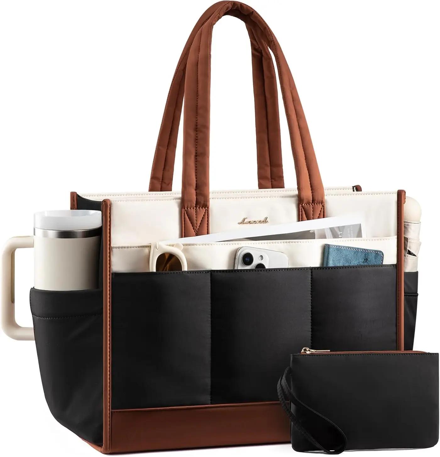 LOVEVOOK LOVEVOOK Tote Bag for Women, Puffer Laptop Handbag Work Purse 15.6 Inch for Teacher Nurse, Large Quilted Travel Tote Shoulder Bag with Zipper for College Office Clinical Gym, Cream-Black-Brown