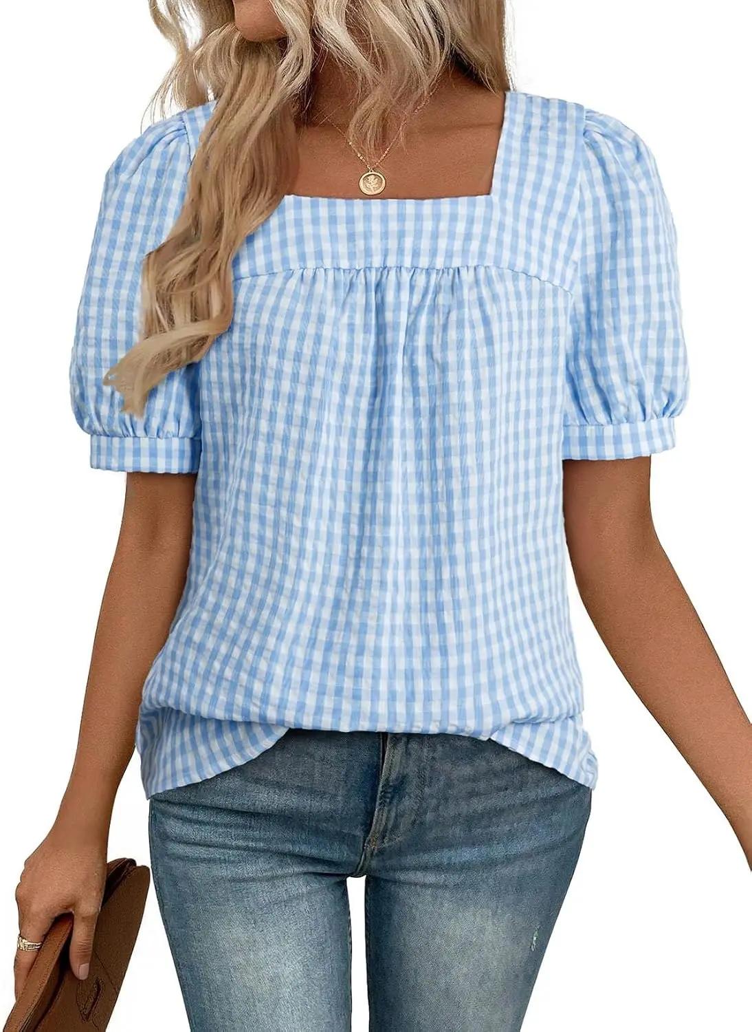 EVALESS Tops for Women Short Sleeve Tunic Blouse Square Neck Gingham Tops Cotton Blend Plaid Shirt Cute Checkered Shirt