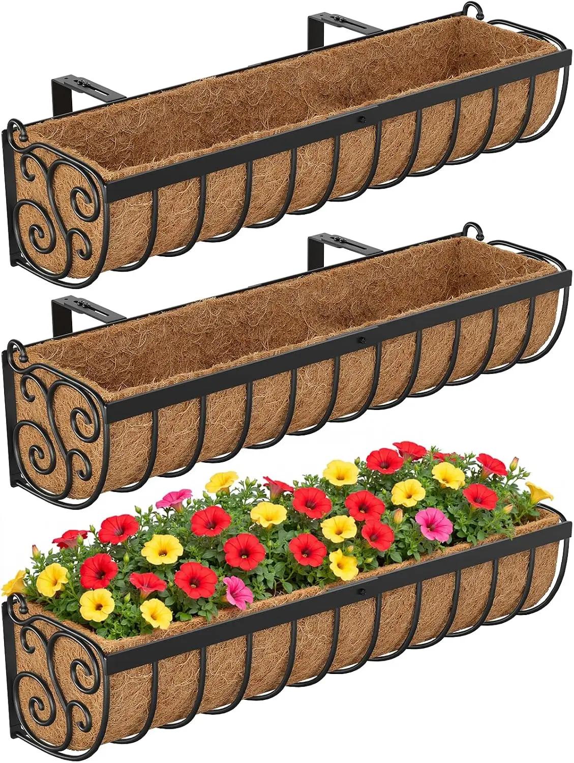 VOXOR Railing Planter Boxes, 30 Inch Window Boxes Planters, Balcony Planters with Adjustable Brackets &amp; Coco Liner &amp; Support Rod for Outdoor Fence, Deck, Porch, and Patio Gardening, 3 Pack