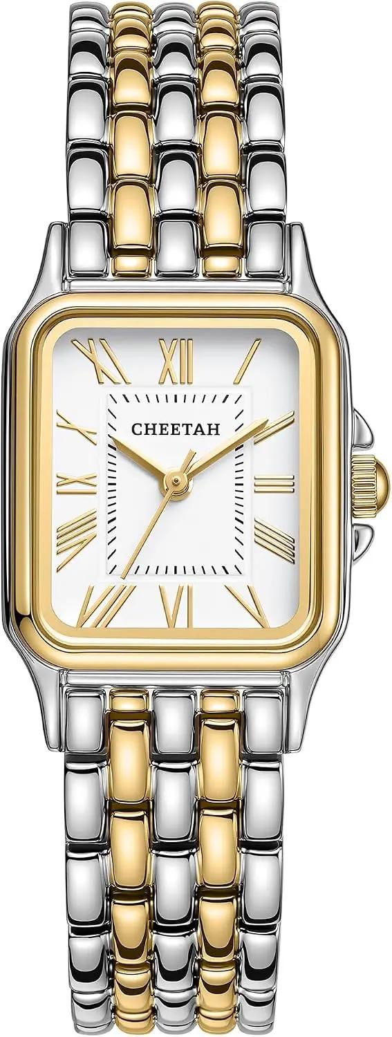 CHEETAH Gold Watches for Women with Vintage Rectangular Case,26mm Case Diameter,Black Roman Numerals,Metal Steel Band,3ATM Waterproof