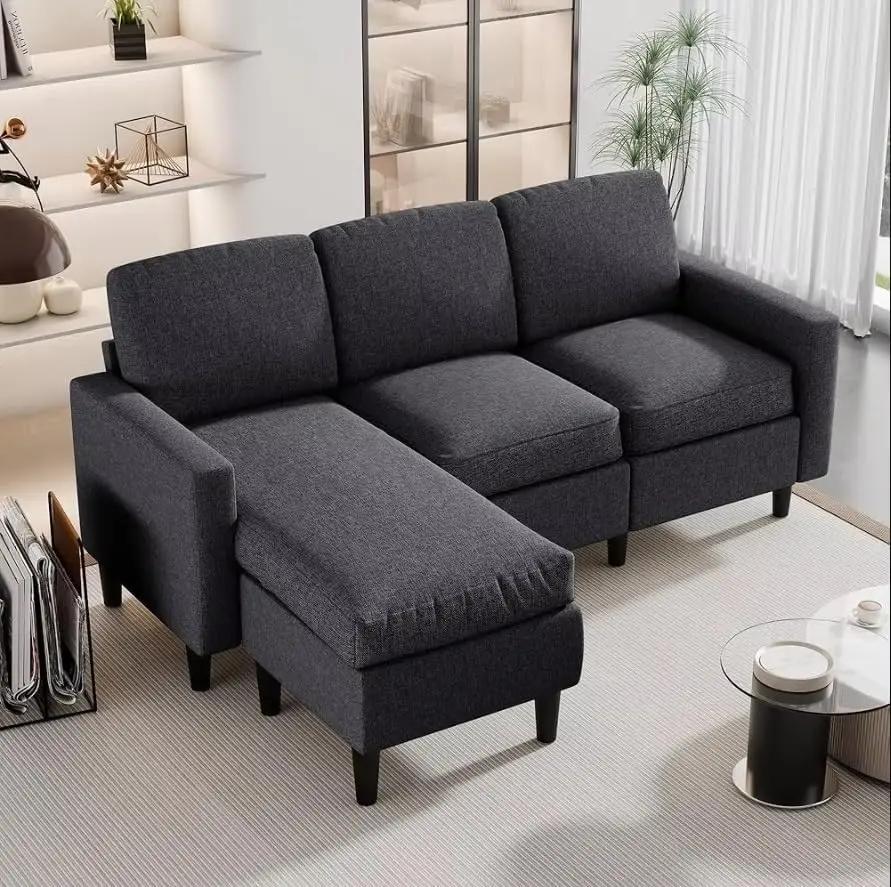 Small Sectional Couch Sofa Set L Shaped Living Room Furniture with Reversible Ottoman Comfortable Fabric Design