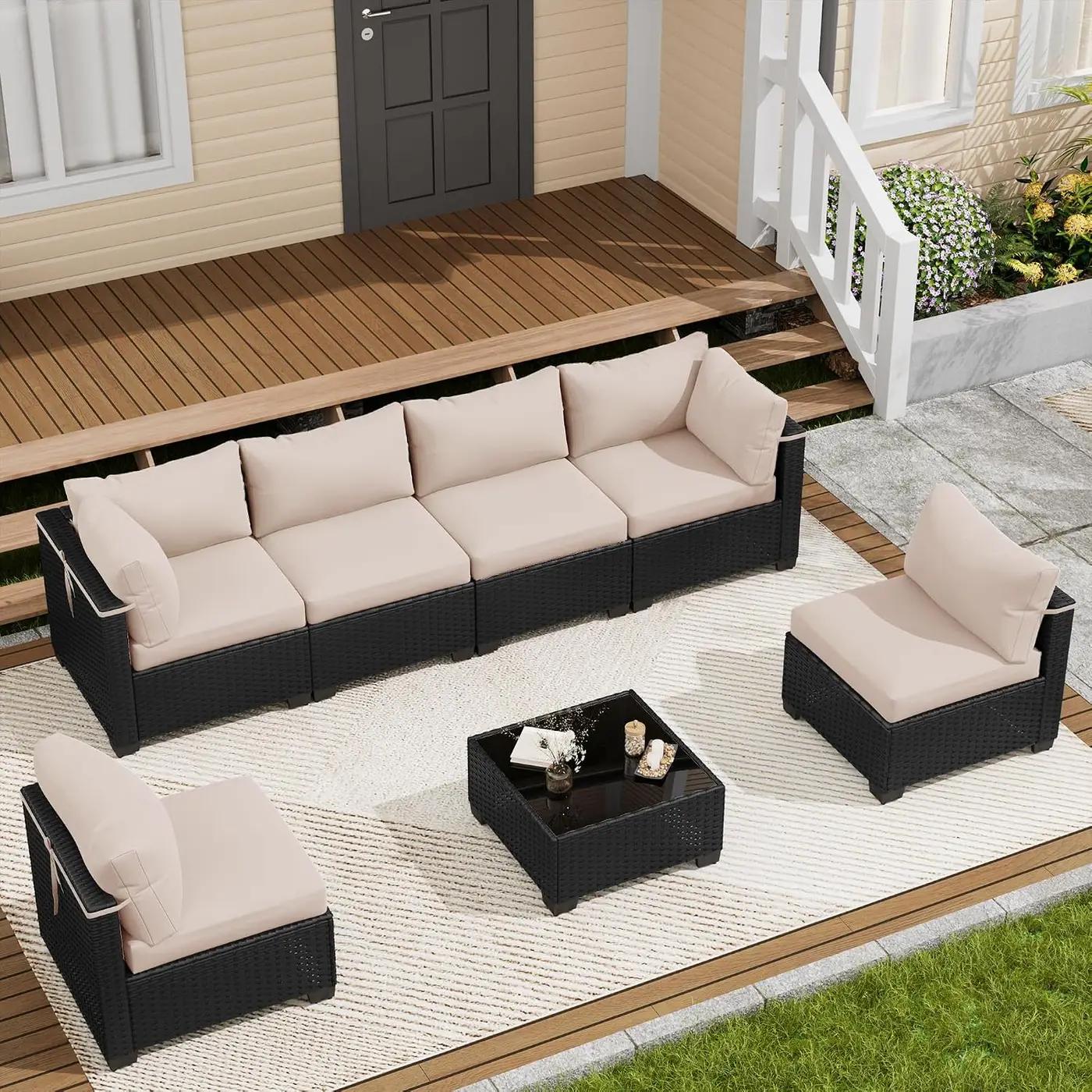 LOUVIXA 7 Piece Outdoor Patio Furniture Set, Outdoor Sectional Sofa, Wicker Rattan Patio Furniture, Patio Conversation Set with Coffee Table &amp; Cushions