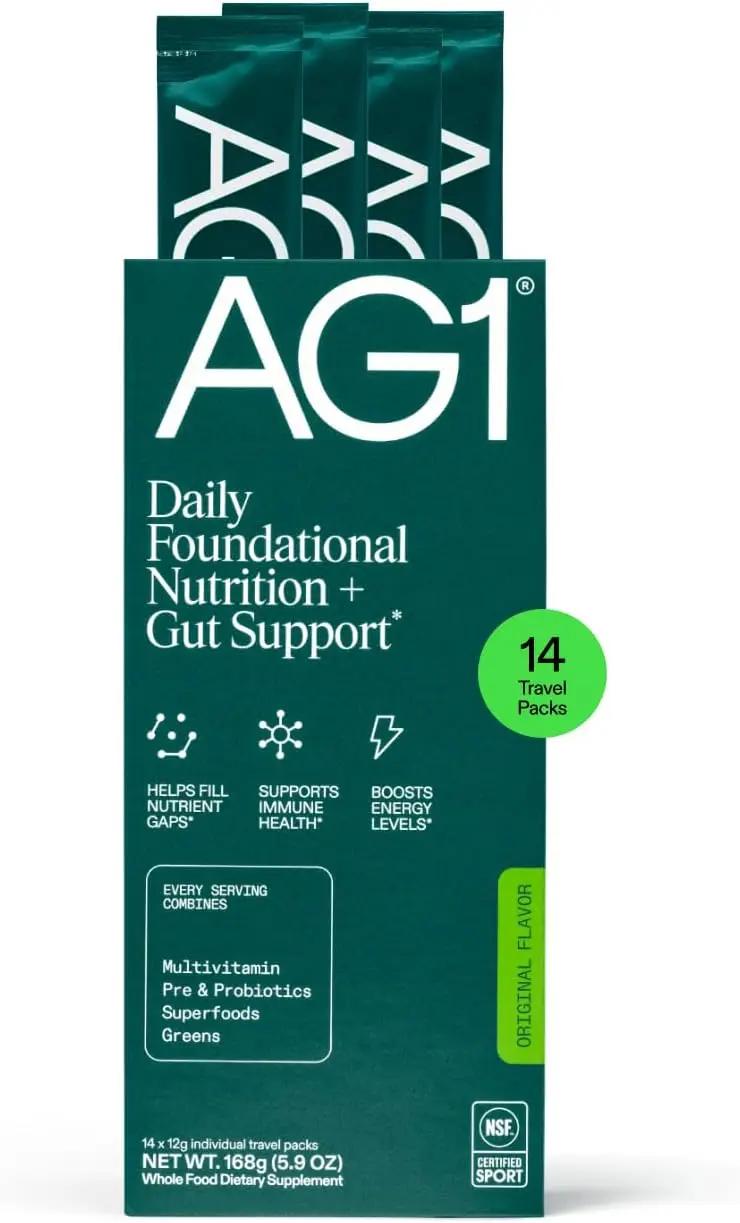 AG1 Athletic Greens Powder Supplement, Improve Gut Health, Multivitamin, Probiotic, Gluten Free, Vegan and Keto Friendly, 75 Vitamins (Travel Packs, 14 Count) - Classic Formula
