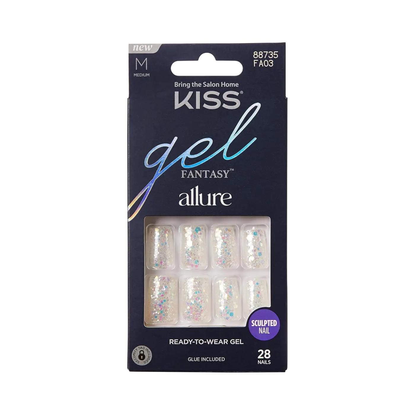KISS Gel Fantasy Allure Press On Nails, Ready to Wear, 3D Design, Waterproof, Pink Gel Nail Glue 0.07 Oz. (2g), Manicure Stick &amp; Mini File, 28 Count