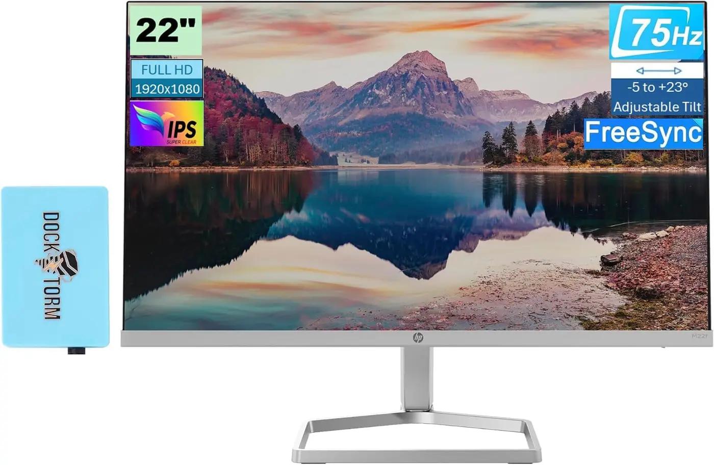HP M22f 22” 1080P FreeSync Monitor 2D9J9AA#ABA Bundle with Docztorm Dock, 22" IPS FHD (1920x1080) 75Hz Anti-Glare Display, HDMI, VGA, Ideal for Home &amp; Business (2026 Latest Model) - Pack of 1 Global Recycled Standard