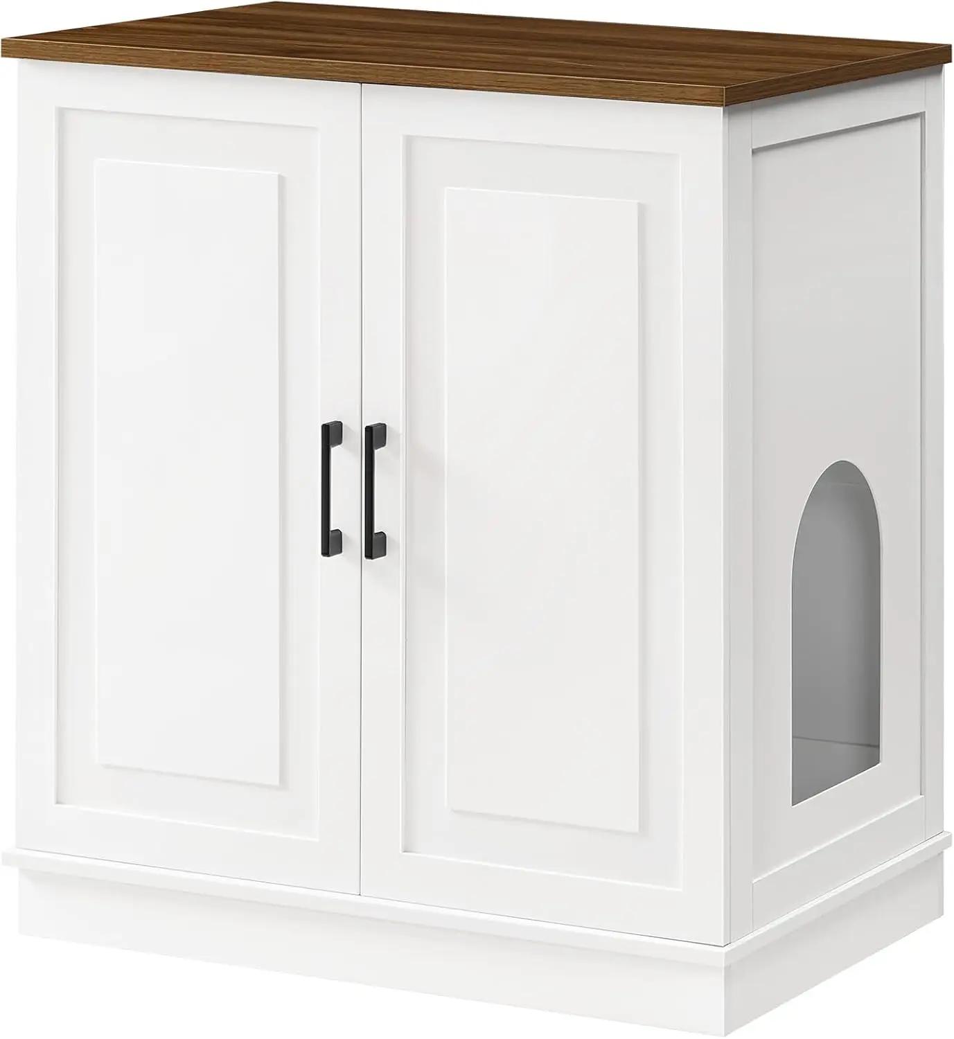 MAHANCRIS Large Cat Litter Box Enclosure, 33.5" Tall Hidden Litter Box Furniture for Small Self Cleaning Litter Box, Farmhouse Wooden Litter Box Cabinet, Cats House, Side Table, White and Walnut