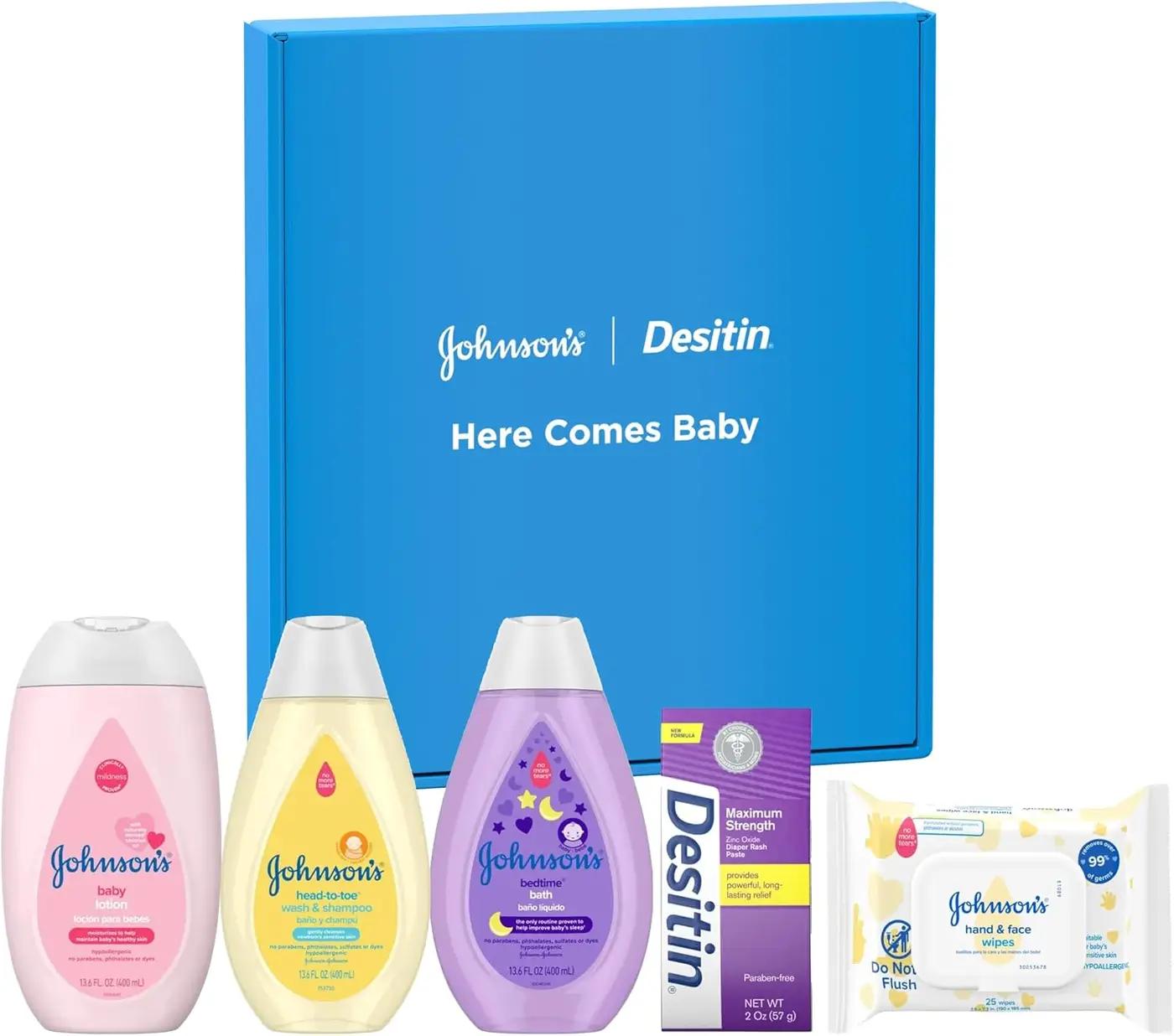 Johnson's Baby Here Comes Baby Gift Set, Baby Essentials for New Parents with Moisturizing Lotion, Bedtime Bath, Body Wash &amp; Shampoo, Hand &amp; Face Wipes, &amp; Diaper Rash Cream, 5 Items