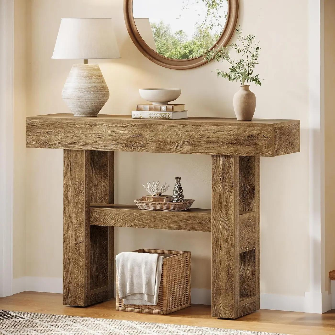 Tribesigns 41.34-Inch Farmhouse Console Table, 2-Tier Narrow Sofa Table Behind The Couch, Entryway Furniture with Storage Shelves for Hallway Foyer Living Room, Light Brown