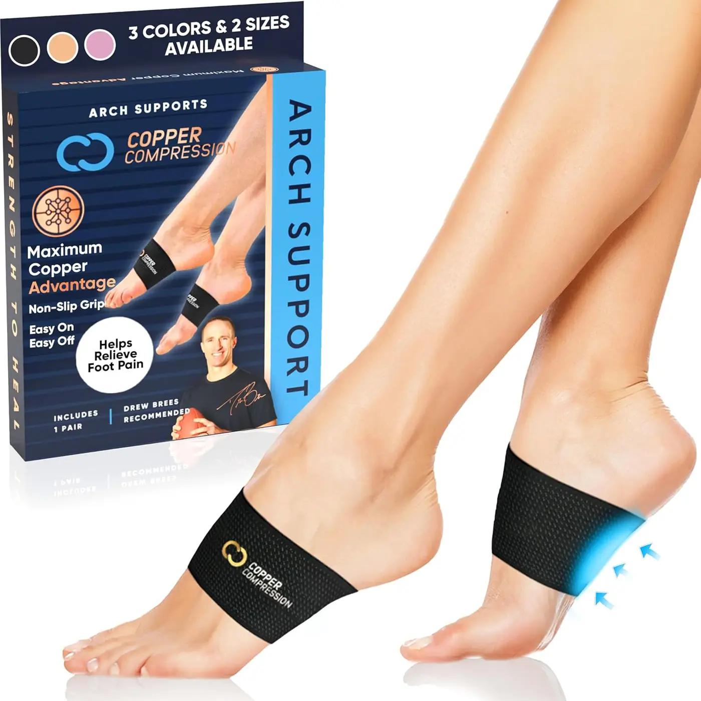 Copper Compression Arch Support Sleeves. Targeted Compression for Plantar Fasciitis Symptoms, Pain, Flat Feet &amp; High Arches. Breathable Support for Men &amp; Women - Black