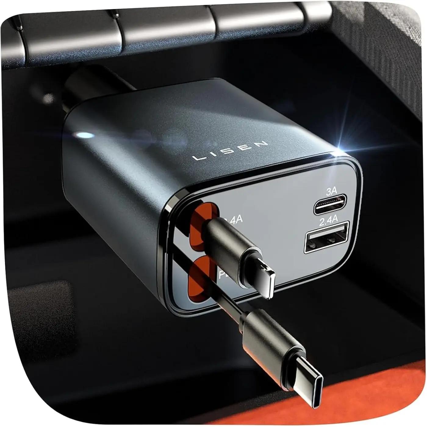 LISEN Retractable Car Charger, Gifts for Mothers Day 2026, 84W Car Charger USB C Fast Charge, Gifts for Mom Dad Him Her, Travel Essentials Car Accessories for Men Women Gifts for iPhone 17 16 15 14 13