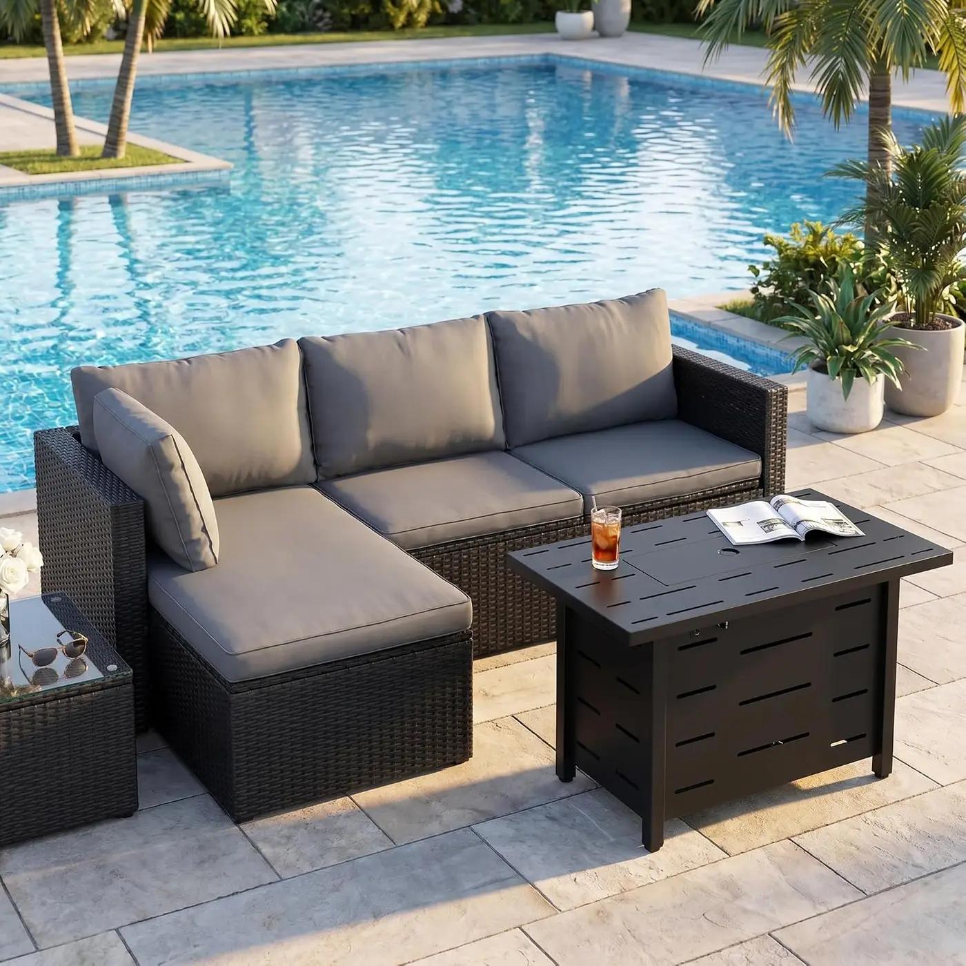 SUNLEI 4-Piece Patio Furniture Set with 43" Propane Fire Pit Table, Outdoor Wicker Sectional Sofa Set, All-Weather Conversation Set for Backyard, Poolside, Garden, Grey Cushions