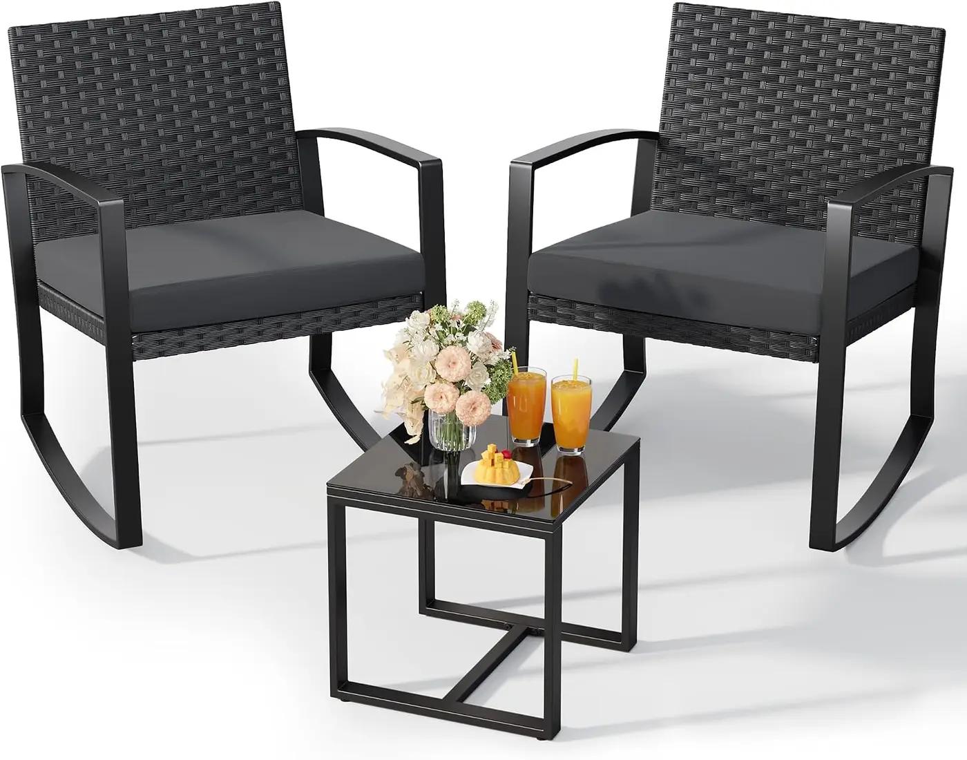 Qsun 3 Pieces Patio Furniture Set Rocking Bistro Set, Outdoor Patio Furniture Set with Coffee Table for Garden Balcony Backyard Poolside (Black Cushion)