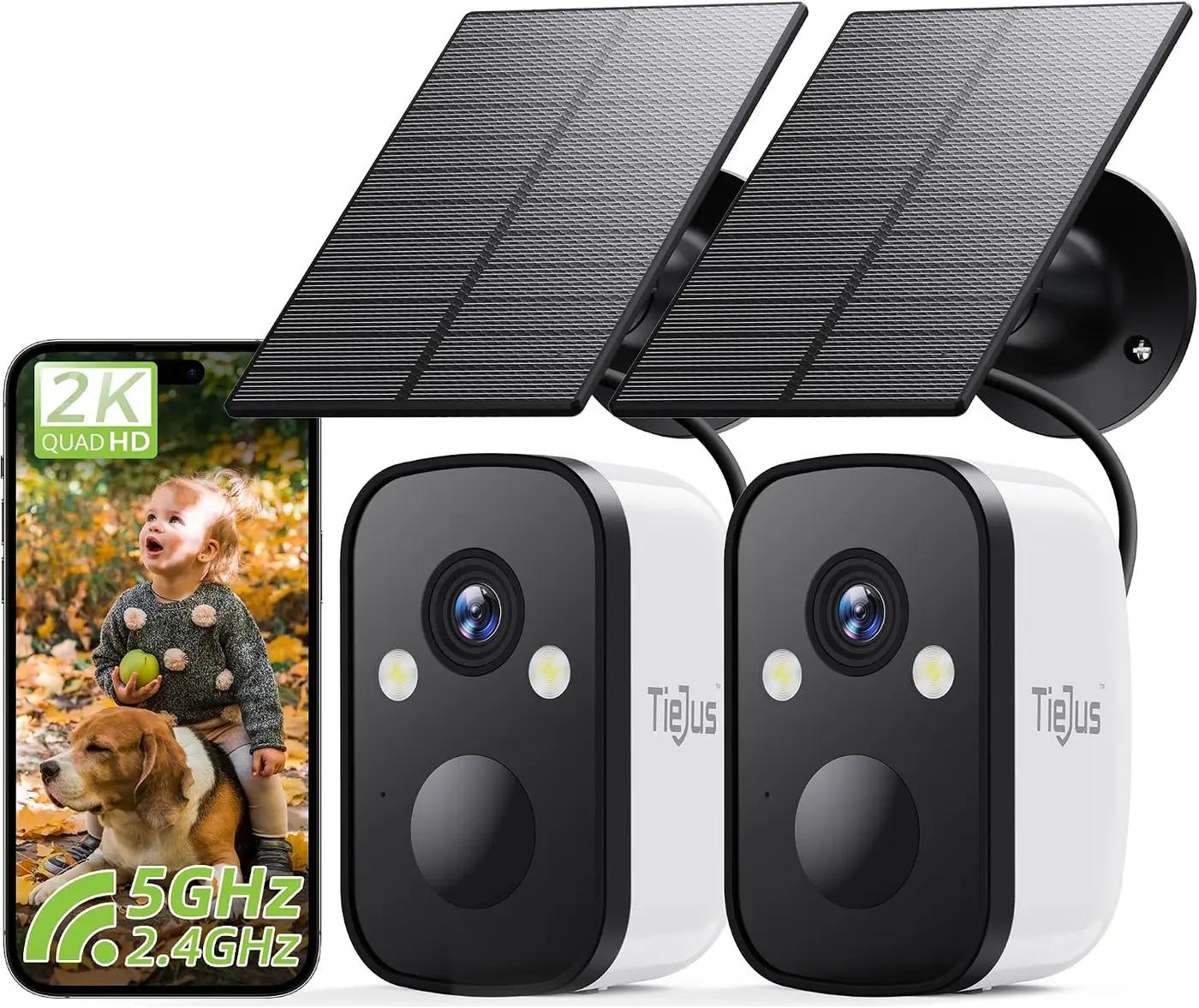 2K 5G Solar Security Cameras Wireless Outdoor 2-Pack, Wireless Cameras for Home with Full Color Night Vision, PIR Motion Detection, 5G&amp;2.4GHz WiFi/IP66/ Alexa/2 Way Talk