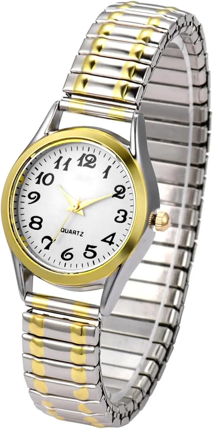JewelryWe Women's Ultra Thin Easy Reader Watch with Elastic Strap Golden/Silver Tone Stretch Band Watches for Mother's Day