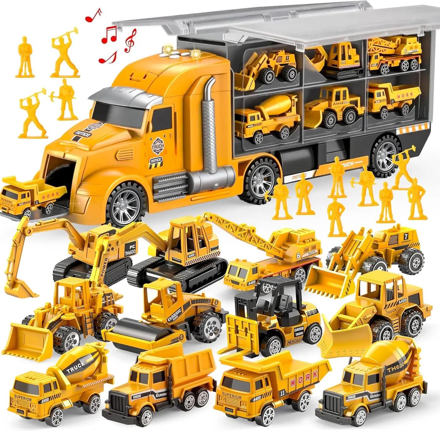 JOYIN 25-in-1 Construction Truck Toy Set with 12 Vehicles &amp; 12 Worker Figures, Push and Go Toy Trucks with Sound and Light, Construction Toys Birthday Gifts for Kids 3 4 5 6 7 Years Old
